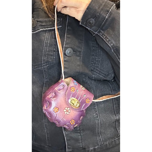 cute small mexico leather bag purple shoulder artisan painted boho hippie cool - Picture 3 of 13